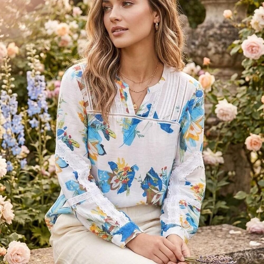 Floral Boho Lace Trim Blouse – Size Large romantic boho peasant vintage style